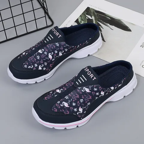 Women's Slip-on Mule Sneakers Flamingo Floral Print Breathable Mesh Casual Walking Shoes Lightweight Flat Sport Shoes For Women