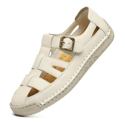 Sandalias Planas de Estilo Romano para Mujer Verano Huecas de Cuero de Microfibra Zapatos de Playa con Hebilla de Metal Suela de Goma