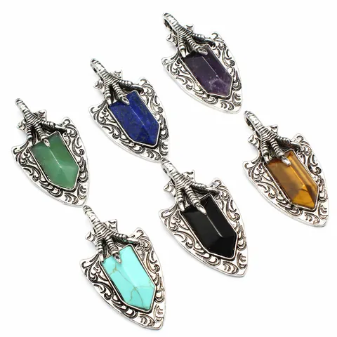 Vintage Herren Drachenkralle Schild Anhänger Halskette Naturstein Amethyst Lapislazuli Legierung Gothic Punk Schmuck Zubehör