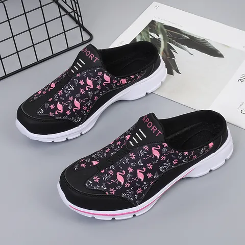 Women's Slip-on Mule Sneakers Flamingo Floral Print Breathable Mesh Casual Walking Shoes Lightweight Flat Sport Shoes For Women