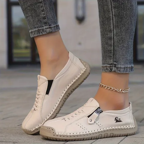 Zapatos Casuales de Cuero de Microfibra Cosidos a Mano para Mujeres Hombres Punta Redonda Suela Plana Cremallera Lateral