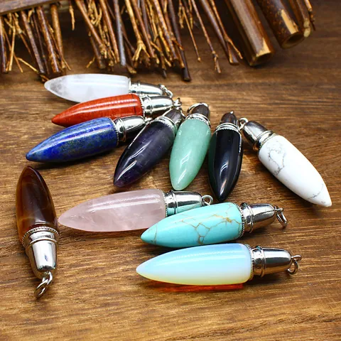 Colgante de Piedra Natural Forma de Bala Collar Cristal de Curación Amatista Cuarzo Hexagonal Cónico Accesorio Joyería DIY