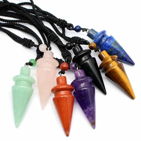 Natural Crystal Stone Cone Pendant Necklace With Black Cord For Men Women Vintage Healing Crystal Point Hexagonal Column Necklace