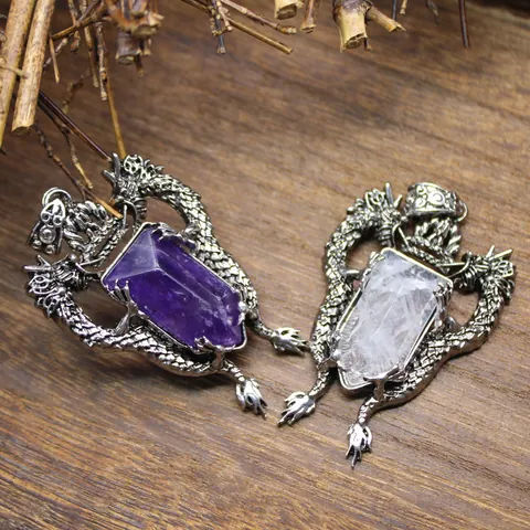 Vintage Double Dragon Shield Pendant Natural Stone Crystal Alloy Pendant Only Without Chain For Men Women Ethnic Retro Jewelry