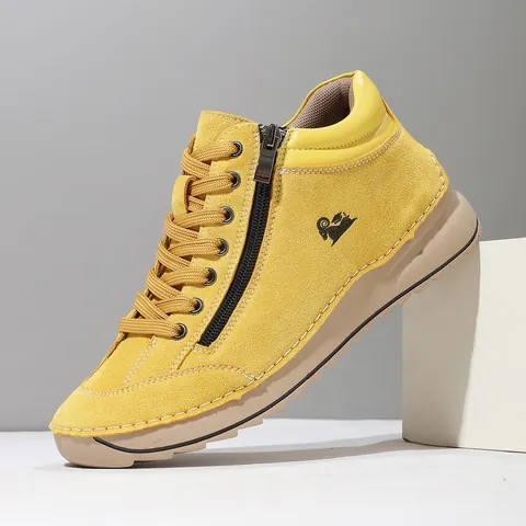 Women's Hand-Stitched Casual Shoes Soft Sole Microfiber Leather Mid-Top Sneakers With Side Zipper For Daily Walking Holiday