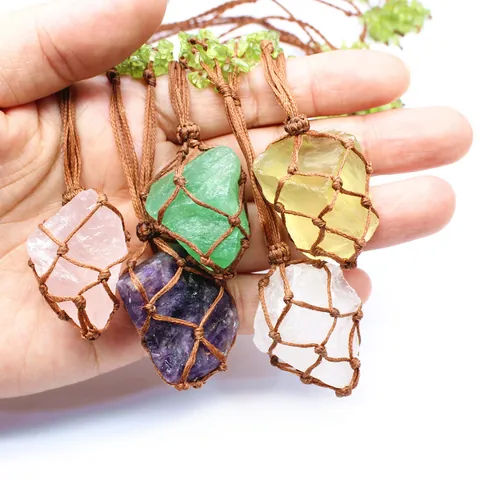 Natural Stone Bohemian Crystal Pendant Necklace Retro Hand Woven Net Bag Raw Mineral Pouch Necklace For Women Men Jewelry