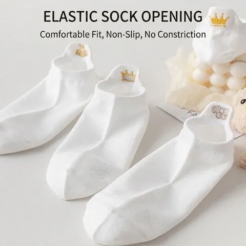 Women Cute White Mesh Breathable Boat Socks Japanese Style Kawaii Embroidery Low Cut Ankle Socks Crown Heart Flower Design