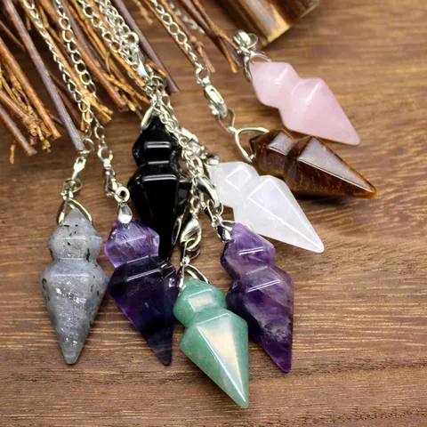 Natural Stone Hexagonal Cone Pendant Necklace Labradorite Amethyst Quartz Healing Crystal Spiritual Energy Jewelry For Women Men