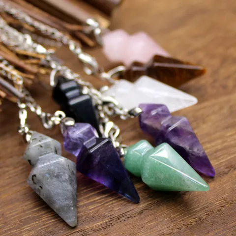 Natural Stone Hexagonal Cone Pendant Necklace Labradorite Amethyst Quartz Healing Crystal Spiritual Energy Jewelry For Women Men