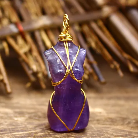Collar de Colgante de Torso Femenino de Piedra Natural Envuelto en Alambre de Oro Hecho a Mano Joyería para Mujer