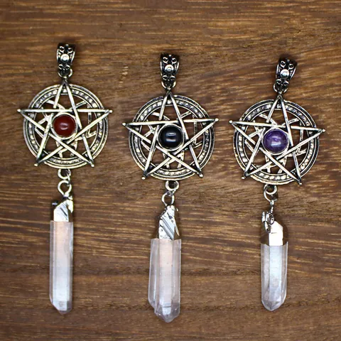 Colgante de Pentagrama Vintage Pilar de Cuarzo Hialino Natural Aventurina Amatista Piedra Aleación Joyería Wicca Mujer