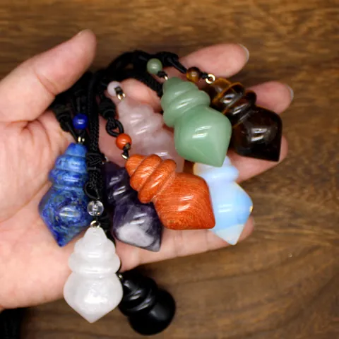 Vintage Natural Crystal Gemstone Pendant Necklace Cone Shape Hexagonal Prism Polished Stone Healing Pendulum Amulet With Woven Cord For Unisex