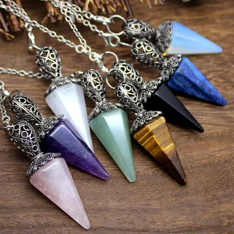 Collar de Péndulo de Cono Hexagonal de Piedra Natural Amatista Cuarzo Rosa Cristal Curativo Colgante de Aleación Calado Cuentas de Chakra Joyería