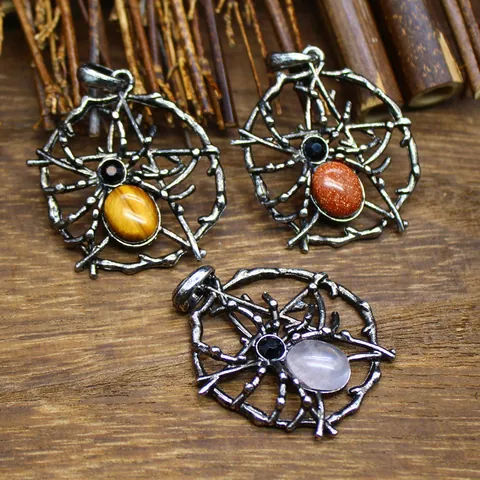 Vintage Gothic Spider Web Pendant Necklace Natural Stone Crystal Jewelry Halloween Christmas Gift Alloy Retro Animal Accessory