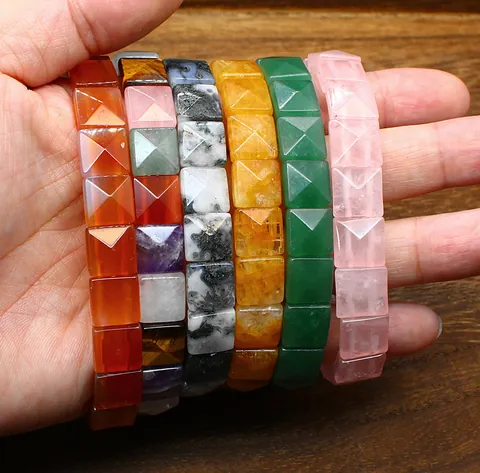 Natural Stone Square Faceted Crystal Bead Bracelet Minimalist Unisex Quartz Hematite Handmade Geometric Jewelry For Men Women Gift