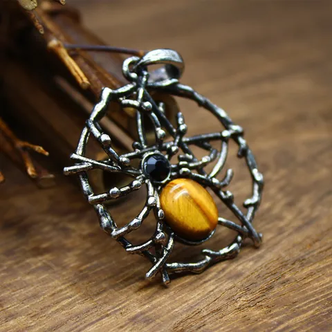 Vintage Gothic Spider Web Pendant Necklace Natural Stone Crystal Jewelry Halloween Christmas Gift Alloy Retro Animal Accessory