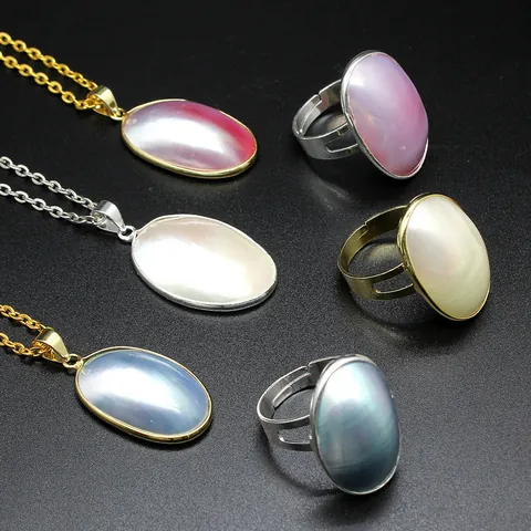 Handmade Natural Sea Mabe Pearl Jewelry Set for Women Oval Shell Pendant Necklace and Adjustable Open Ring Elegant Jewelry