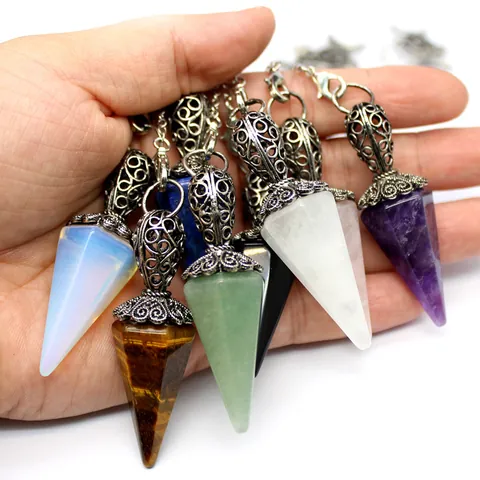 Collar de Péndulo de Cono Hexagonal de Piedra Natural Amatista Cuarzo Rosa Cristal Curativo Colgante de Aleación Calado Cuentas de Chakra Joyería