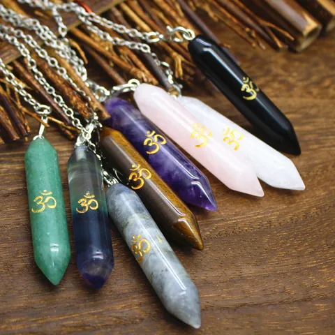 Gilded Om Symbol Natural Crystal Hexagonal Pillar Pendulum Pendant Necklace Spiritual Healing Reiki Stone Jewelry For Women Men