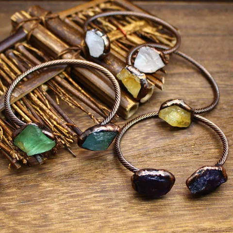 Natural Raw Stone Vintage Crystal Open Bangle Bracelet For Women Twisted Bronze Wire Geometric Gemstone Jewelry