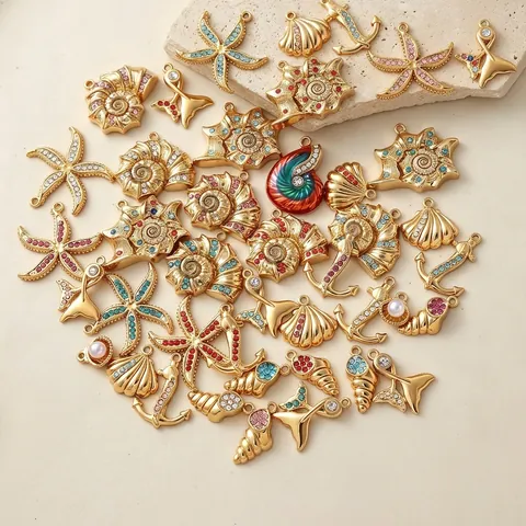 Vergoldeter Edelstahl Ozean Anhänger Mit Strass Seestern Conch Muschel Charms Für DIY Schmuckherstellung Damen Accessoires