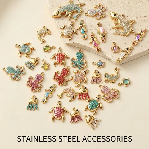 Edelstahl Vergoldet Meerestier Anhänger Krake Seepferdchen Delfin Schildkröte Mit Bunten Zirkonia Einlage DIY Charms