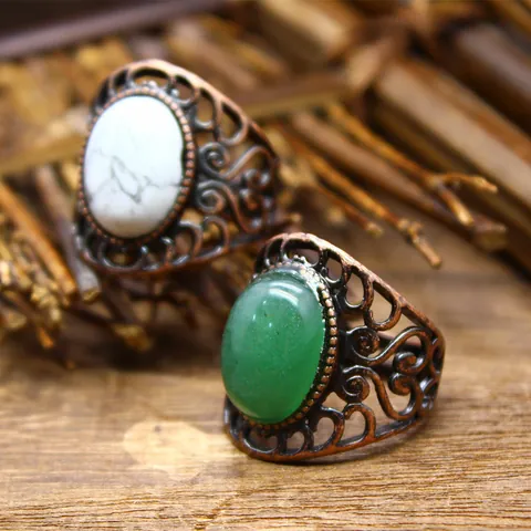 Anello Aperto Medievale Retro Traforato per Donna Uomo Pietra Naturale Agata Ametista Turchese Tono Bronzo Gioielli Bohémien Anello
