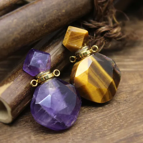 Franse Lichte Luxe Natuursteen Ruitvormige Etherische Olie Fles Hanger Gefacetteerd Kristal Amethist Tijgeroog Diffuser Voor Dames Ketting Sieraden Maken