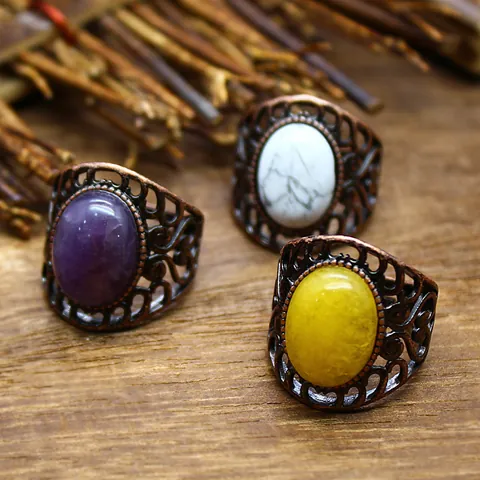 Anello Aperto Medievale Retro Traforato per Donna Uomo Pietra Naturale Agata Ametista Turchese Tono Bronzo Gioielli Bohémien Anello