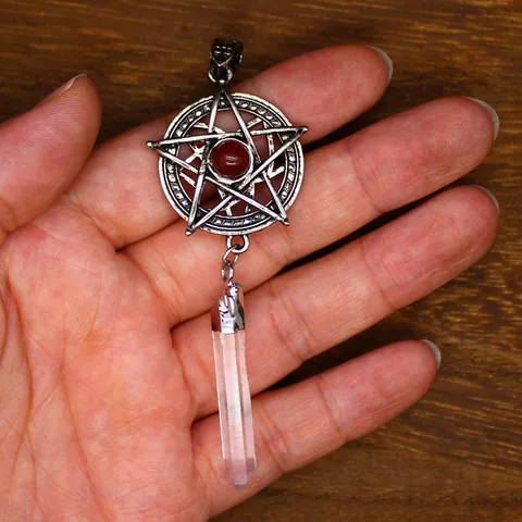 Colgante de Pentagrama Vintage Pilar de Cuarzo Hialino Natural Aventurina Amatista Piedra Aleación Joyería Wicca Mujer