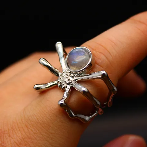 Vintage Gothic Spider Open Ring For Women Men Natural Stone Lapis Lazuli Labradorite Punk Adjustable Animal Wrap Ring Jewelry