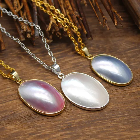 Handmade Natural Sea Mabe Pearl Jewelry Set for Women Oval Shell Pendant Necklace and Adjustable Open Ring Elegant Jewelry