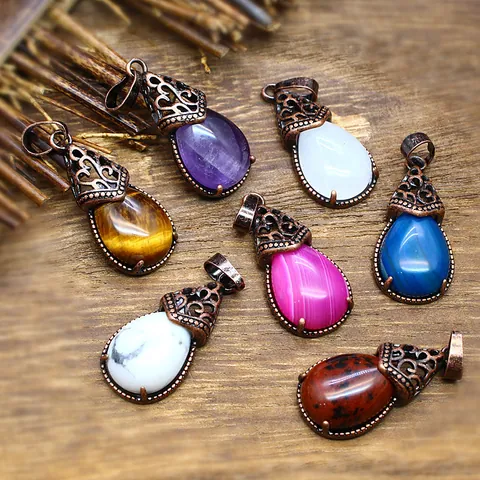 Retro Natural Stone Waterdrop Pendant For Women Jewelry Making DIY Agate Amethyst Hollow Alloy Flower Cap Hanging Ornament