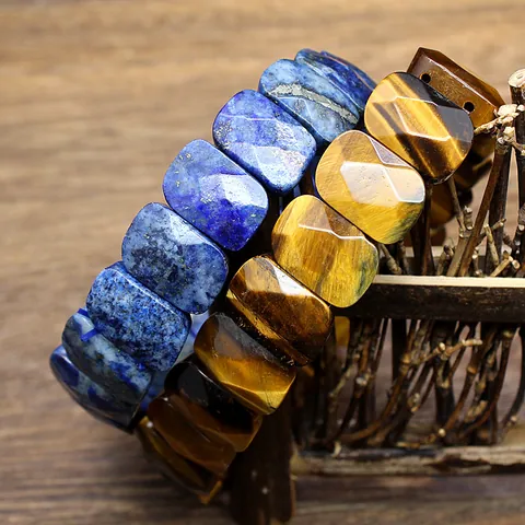 Natural Stone Geometric Cut Bracelet Tiger Eye Amethyst Indian Agate Quartz Rectangular Beads Elastic Stretch Bracelet For Women Men Jewelry Gift