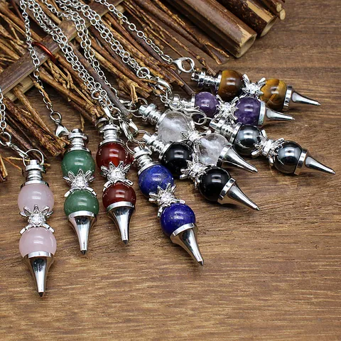 Natural Stone Crystal Pendulum Pendant Round Bead Dowsing Scrying Point Healing Stone Pendant With Metal Chain Jewelry Gift