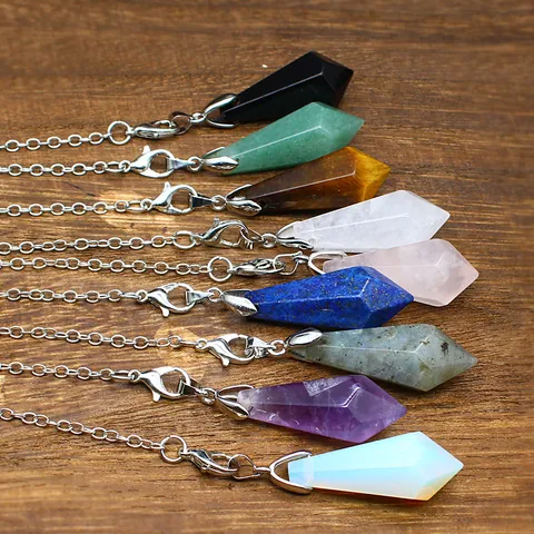 Hexagonal Natural Stone Pendulum Pendant Semi-Precious Gemstone Healing Crystal Point Necklace For Meditation Reiki Jewelry