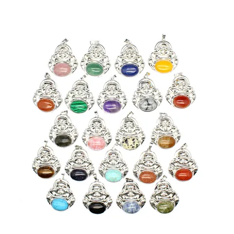 Vintage Laughing Buddha Pendant Necklace Natural Stone Inlaid Alloy Charm Lapis Lazuli Tiger Eye Ethnic Guochao Jewelry For Women Men Gift