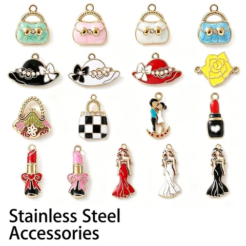 Elegante Edelstahl Tropföl Emaille Anhänger Für DIY Schmuckherstellung Bunte Tasche Hut Lippenstift Figur Charms Mit Künstliche Perle Strass Für Halskette Armband Accessoire Damen Geschenk