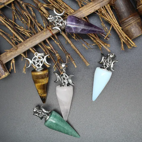 Crystal Cone Pendulum Pendant Only Moon Star Wicca Mystical Hexagonal Cone Shaped Healing Stone Polished Crystal Point Charm Jewelry Making DIY Findings
