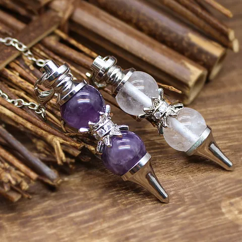 Natural Stone Crystal Pendulum Pendant Round Bead Dowsing Scrying Point Healing Stone Pendant With Metal Chain Jewelry Gift