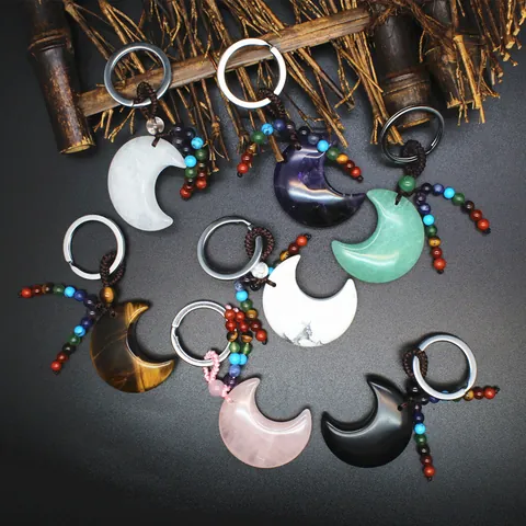 Naturstein Mond Schlüsselanhänger Heilkristall Anhänger Sieben Chakra Quasten Böhmen Mond Form Schlüsselring Taschenzubehör Damen Schmuck