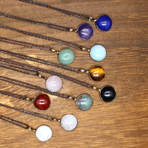 Vintage Natural Stone Round Pendant Necklace For Women Men Antique Bronze Alloy Chain Amethyst Rose Quartz Agate Accessory