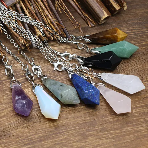 Hexagonal Natural Stone Pendulum Pendant Semi-Precious Gemstone Healing Crystal Point Necklace For Meditation Reiki Jewelry