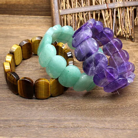 Natural Stone Bracelet Simple Indian Agate Amethyst Tiger Eye Hand Plate Bracelet For Men Women Ethnic Style Polished Jewelry