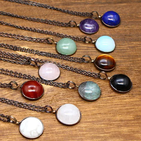 Vintage Natural Stone Round Pendant Necklace For Women Men Antique Bronze Alloy Chain Amethyst Rose Quartz Agate Accessory
