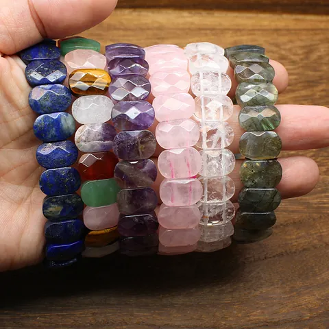 Natural Stone Crystal Rectangle Slab Bracelet Faceted Agate Quartz Beads Polished Geometric Stretch Strand Bangle For Women Men Everyday Jewelry