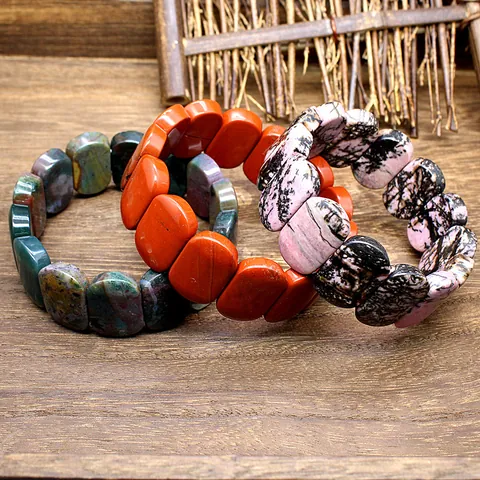 Natural Stone Bracelet Simple Indian Agate Amethyst Tiger Eye Hand Plate Bracelet For Men Women Ethnic Style Polished Jewelry