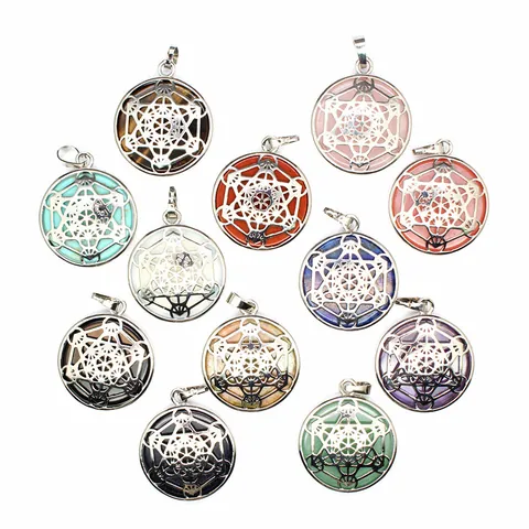 Collier Pendentif Pierre de Cristal Naturelle Cube de Métatron Étoile de David Géométrie Sacrée Pendentif Rond en Alliage Ajouré