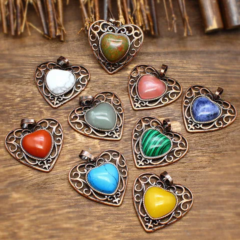 Vintage Hollow Heart Natural Stone Pendant Necklace Antique Bronze Alloy Filigree Heart Charm Jewelry for Women Girls