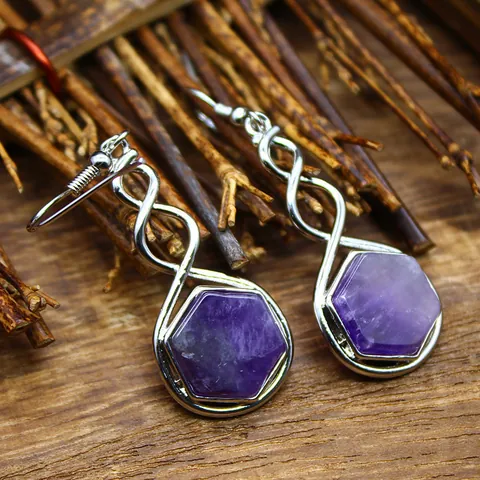 Geometric Hexagonal Natural Stone Drop Earrings for Women Men Vintage Twisted Metal Frame Crystal Gemstone Dangle Earrings